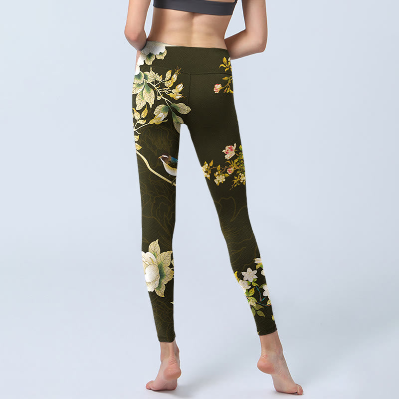 Buddha Stones Black Magnolia Flowers Print Gym Leggings Women's Yoga Pants - image 7