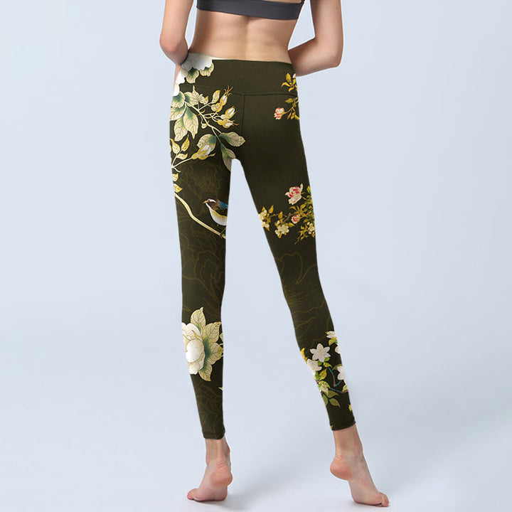 Buddha Stones Black Magnolia Flowers Print Gym Leggings Women's Yoga Pants - image 7