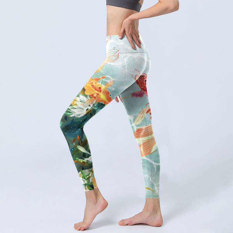 Buddha Stones Green Koi Fish White Lotus Water Ripples Print Gym Leggings Women's Yoga Pants