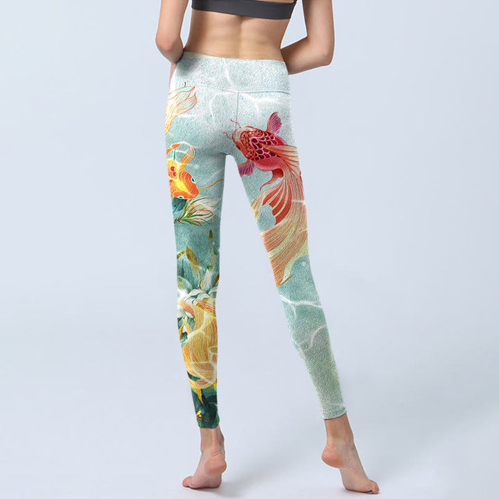 Buddha Stones Green Koi Fish White Lotus Water Ripples Print Gym Leggings Women's Yoga Pants