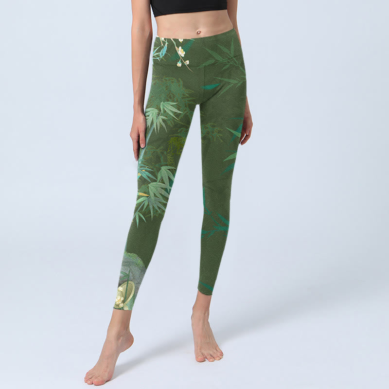 Buddha Stones Green Bamboo Rock Flower Print Gym Leggings Women's Yoga Pants