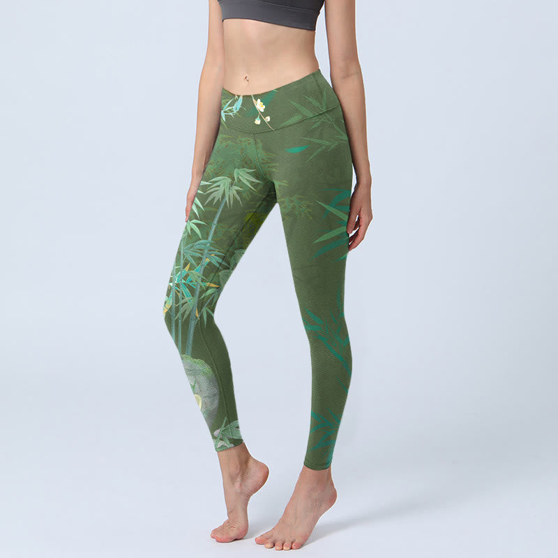 Buddha Stones Green Bamboo Rock Flower Print Gym Leggings Women's Yoga Pants