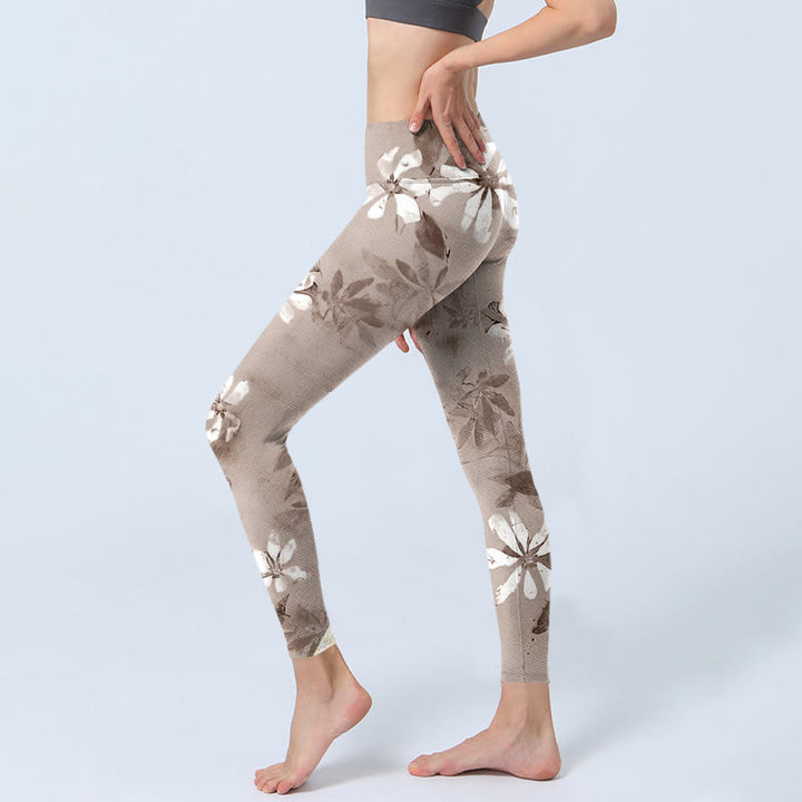 Buddha Stones White Brown Flowers Pattern Gym Leggings Women's Yoga Pants