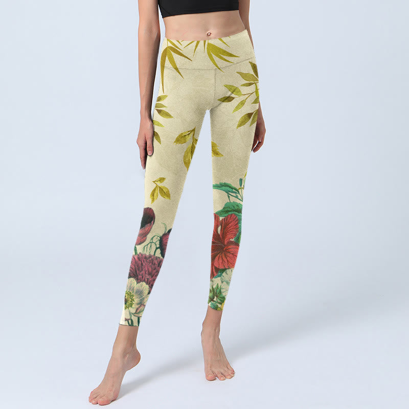 Buddha Stones Golden Green Leaves Colorful Flowers Gym Leggings Women's Yoga Pants - image 6