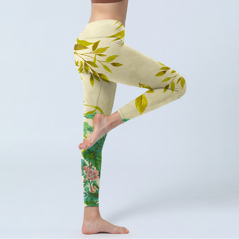 Buddha Stones Golden Green Leaves Colorful Flowers Gym Leggings Women's Yoga Pants