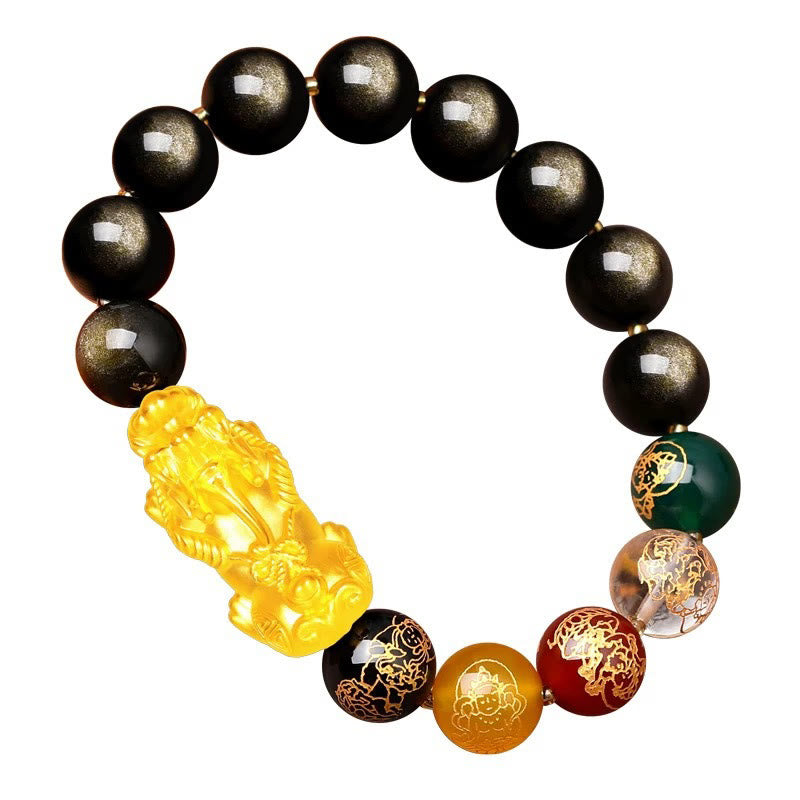 Buddha Stones Natural Gold Sheen Obsidian PiXiu Five Directions Gods of Wealth Protection Bracelet