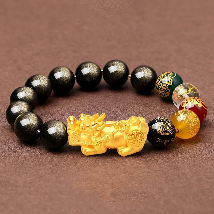 Buddha Stones Natural Gold Sheen Obsidian PiXiu Five Directions Gods of Wealth Protection Bracelet