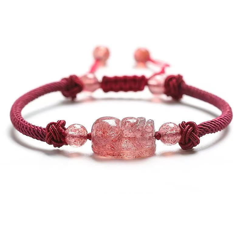 Buddha Stones Natural Strawberry Quartz PiXiu Red String Braided Protection Bracelet