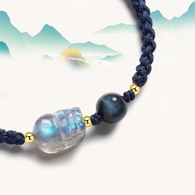 Buddha Stones Moonstone PiXiu Blue Tiger Eye Fu Character Healing Couple String Bracelet