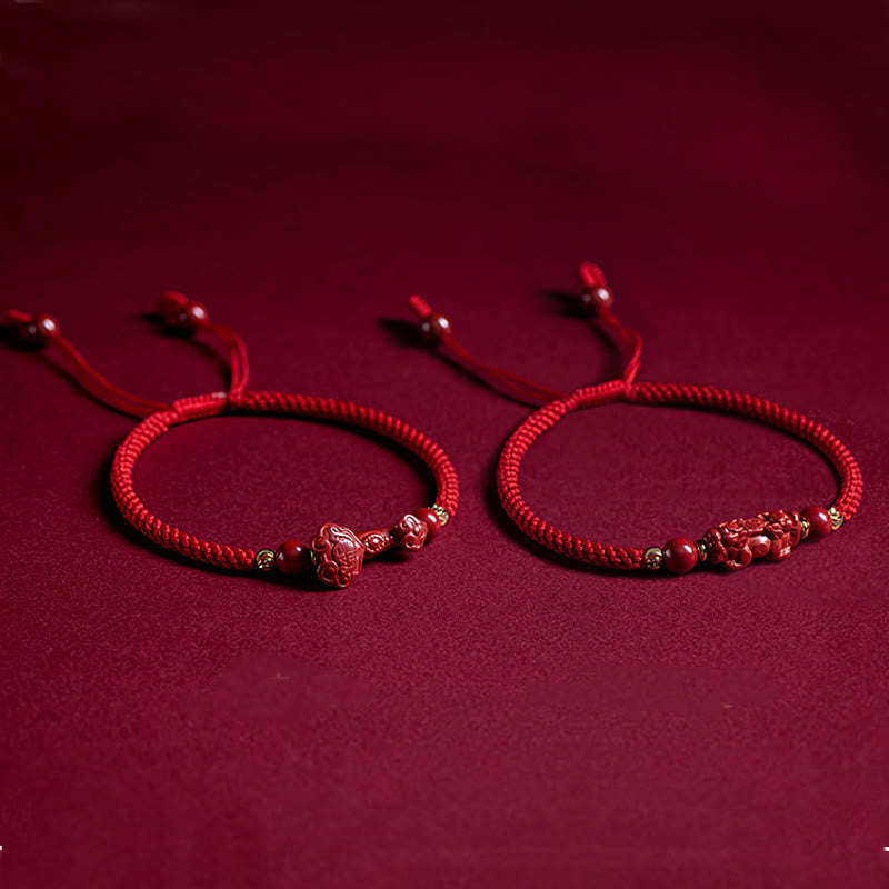 Buddha Stones Handmade Cinnabar Ruyi Handle Fu Character PiXiu Blessing Red String Braided Bracelet