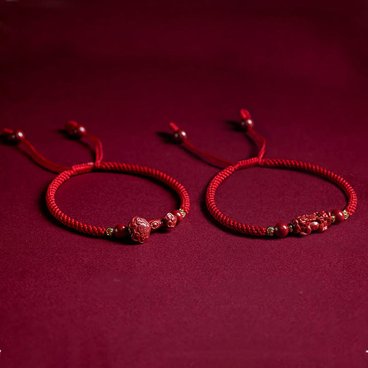 Buddha Stones Handmade Cinnabar Ruyi Handle Fu Character PiXiu Blessing Red String Braided Bracelet