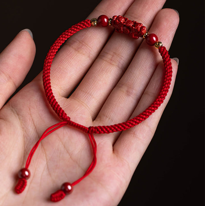 Buddha Stones Handmade Cinnabar Ruyi Handle Fu Character PiXiu Blessing Red String Braided Bracelet