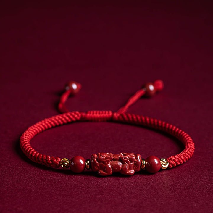 Buddha Stones Handmade Cinnabar Ruyi Handle Fu Character PiXiu Blessing Red String Braided Bracelet