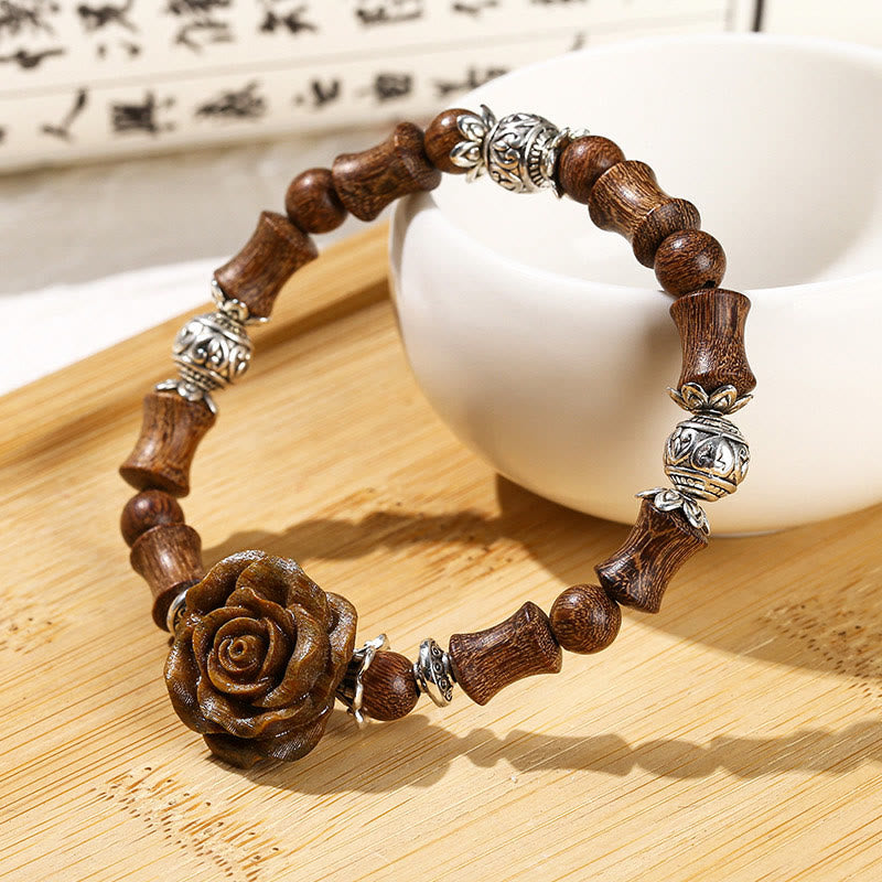 Buddha Stones Sandalwood Bamboo Pattern Camellia Healing Bracelet