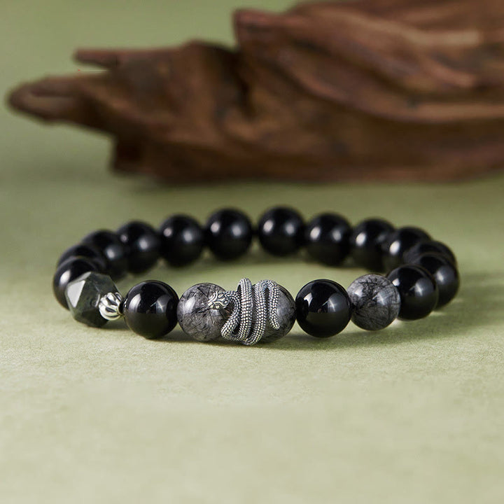 Buddha Stones Black Obsidian Black Rutilated Quartz 925 Sterling Silver Year Of The Snake Purification Bracelet