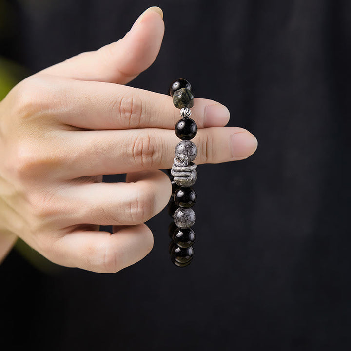 Buddha Stones Black Obsidian Black Rutilated Quartz 925 Sterling Silver Year Of The Snake Purification Bracelet