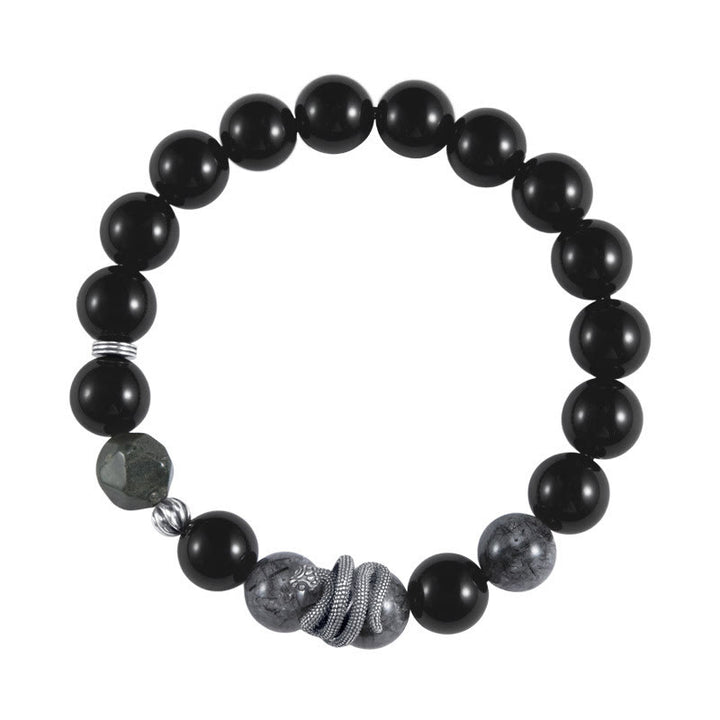 Buddha Stones Black Obsidian Black Rutilated Quartz 925 Sterling Silver Year Of The Snake Purification Bracelet - image 4