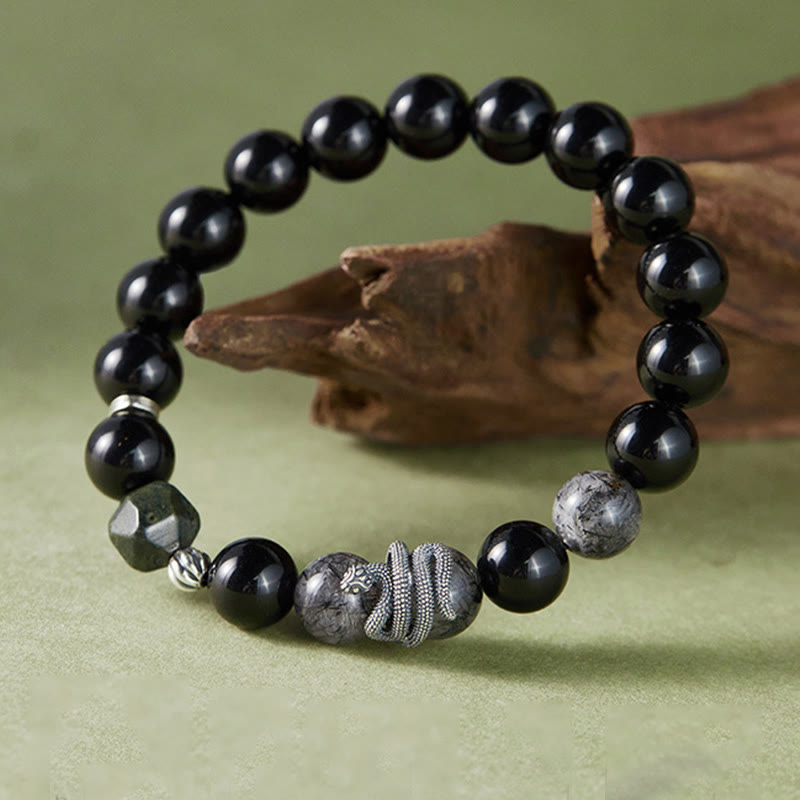 Buddha Stones Black Obsidian Black Rutilated Quartz 925 Sterling Silver Year Of The Snake Purification Bracelet