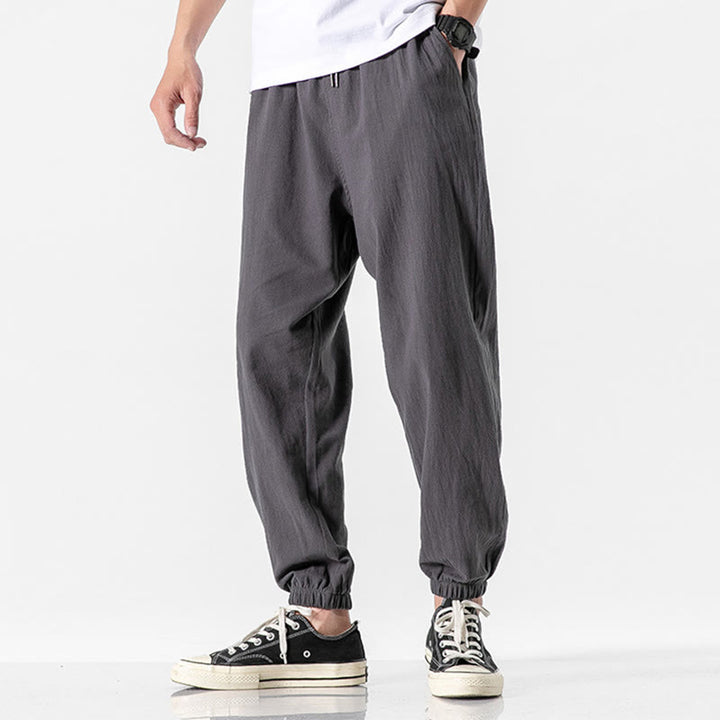 Buddha Stones Solid Color Drawstring Cotton Men's Pants With Pockets