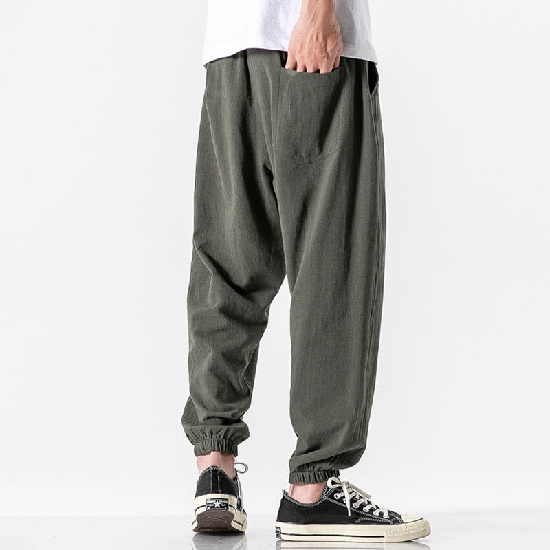 Buddha Stones Solid Color Drawstring Cotton Men's Pants With Pockets