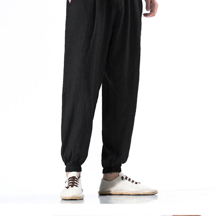 Buddha Stones Casual Solid Color Drawstring Linen Men's Pants With Pockets