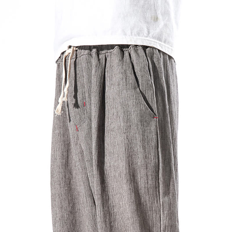 Buddha Stones Casual Solid Color Drawstring Linen Men's Pants With Pockets