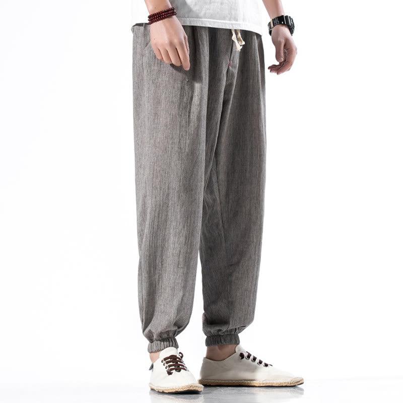Buddha Stones Casual Solid Color Drawstring Linen Men's Pants With Pockets - image 32