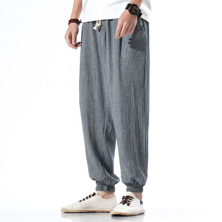 Buddha Stones Casual Solid Color Drawstring Linen Men's Pants With Pockets