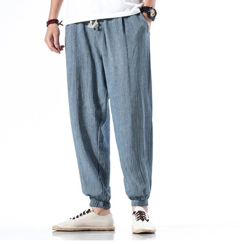 Buddha Stones Casual Solid Color Drawstring Linen Men's Pants With Pockets