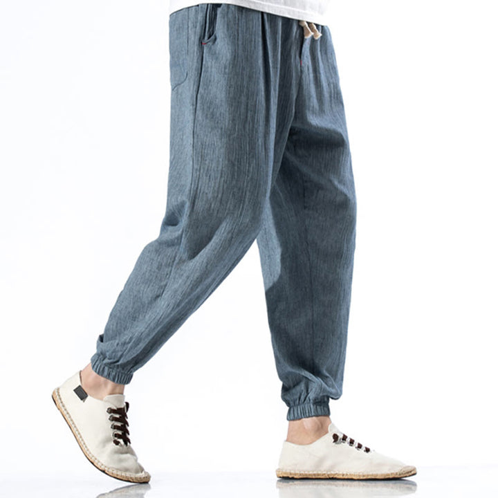 Buddha Stones Casual Solid Color Drawstring Linen Men's Pants With Pockets