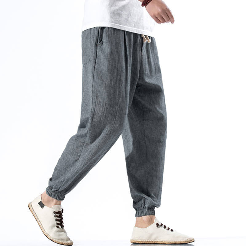 Buddha Stones Casual Solid Color Drawstring Linen Men's Pants With Pockets - image 25