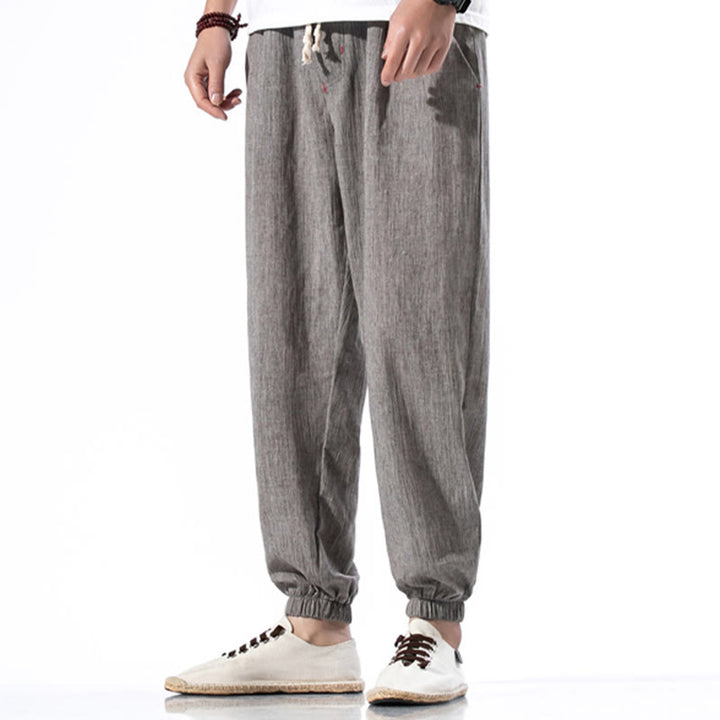 Buddha Stones Casual Solid Color Drawstring Linen Men's Pants With Pockets