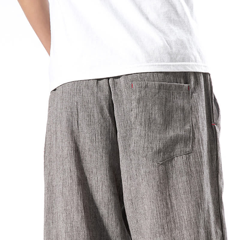 Buddha Stones Casual Solid Color Drawstring Linen Men's Pants With Pockets