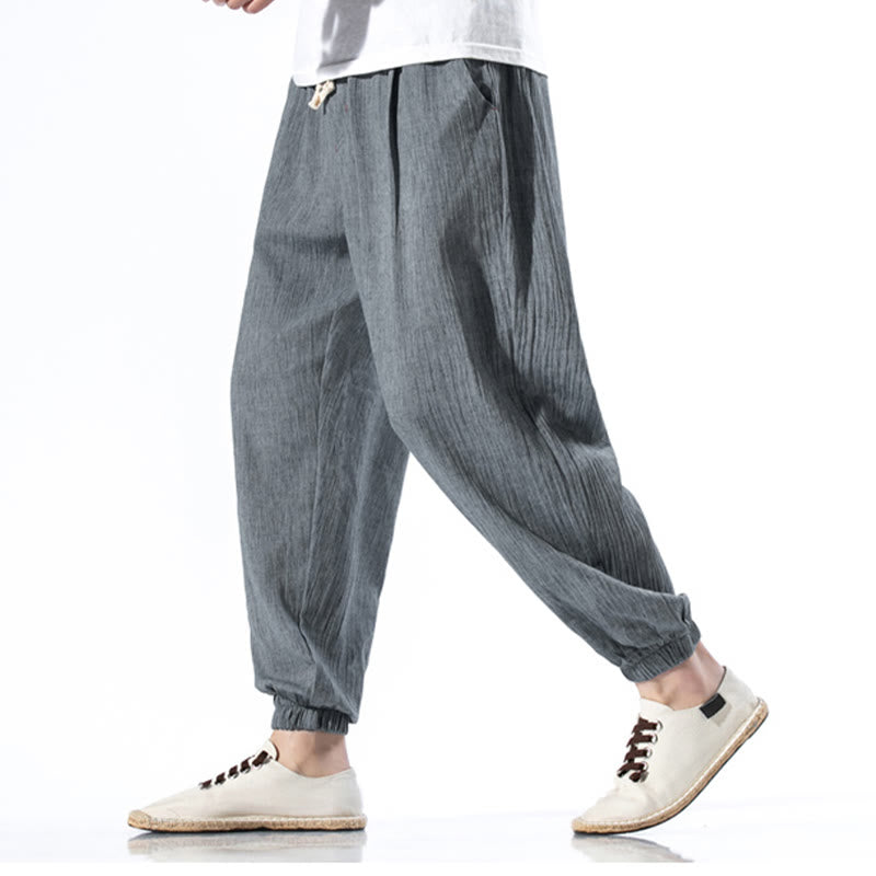 Buddha Stones Casual Solid Color Drawstring Linen Men's Pants With Pockets