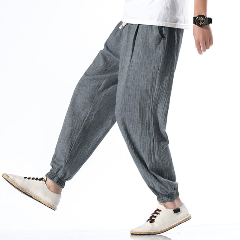Buddha Stones Casual Solid Color Drawstring Linen Men's Pants With Pockets - image 23
