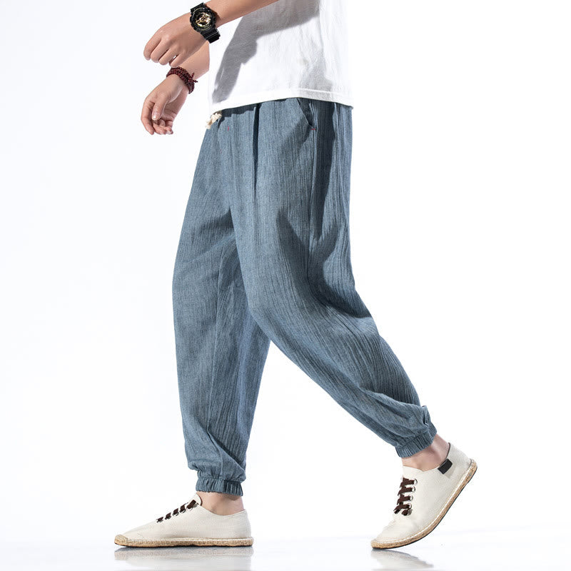 Buddha Stones Casual Solid Color Drawstring Linen Men's Pants With Pockets - SteelBlue - US/UK/AU46，EU56 (5XL) - image 0