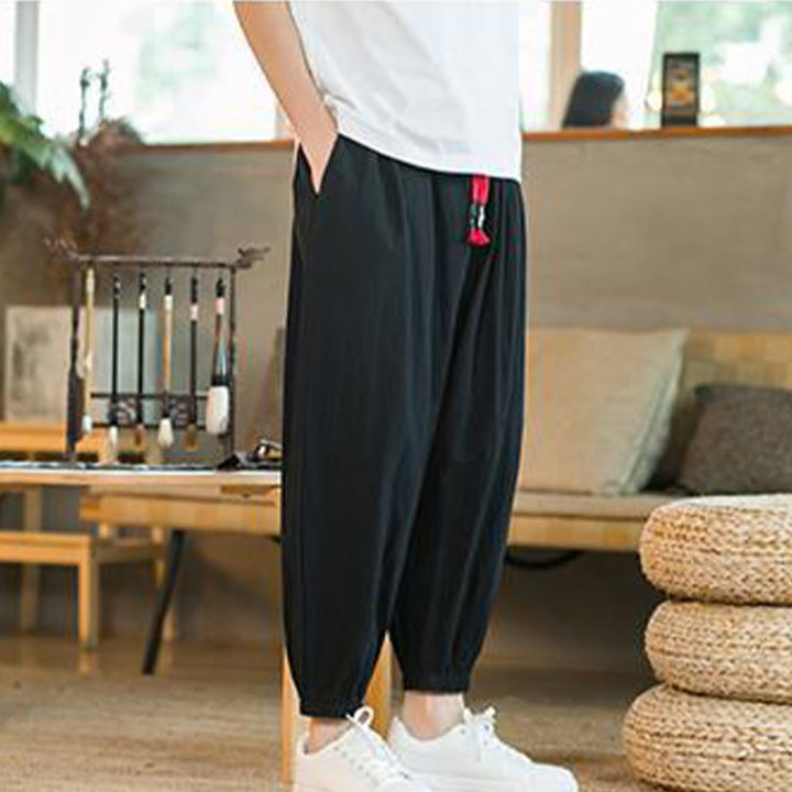 Buddha Stones Plain Color Red Drawstring Linen Men's  Pants With Pockets - image 18