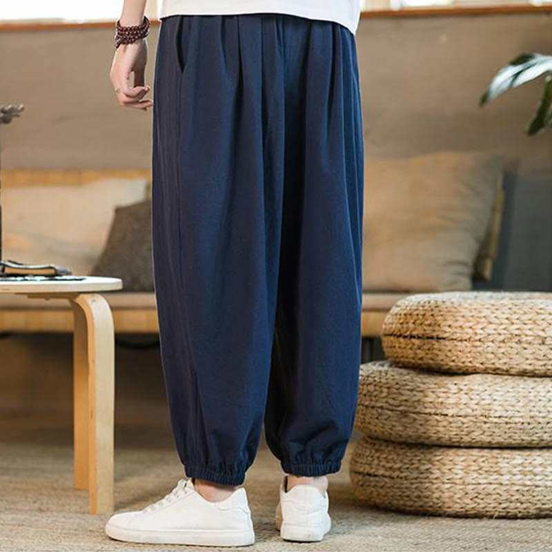 Buddha Stones Plain Color Red Drawstring Linen Men's  Pants With Pockets - image 38