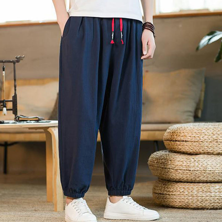 Buddha Stones Plain Color Red Drawstring Linen Men's  Pants With Pockets - image 31