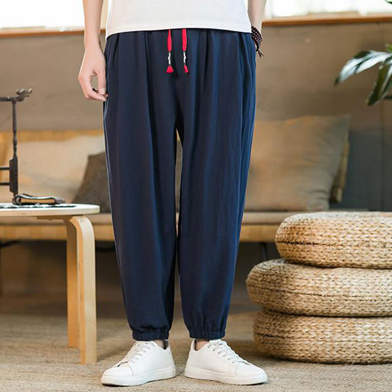 Buddha Stones Plain Color Red Drawstring Linen Men's  Pants With Pockets - DarkBlue - US/UK/AU46，EU56 (5XL)  - image 30