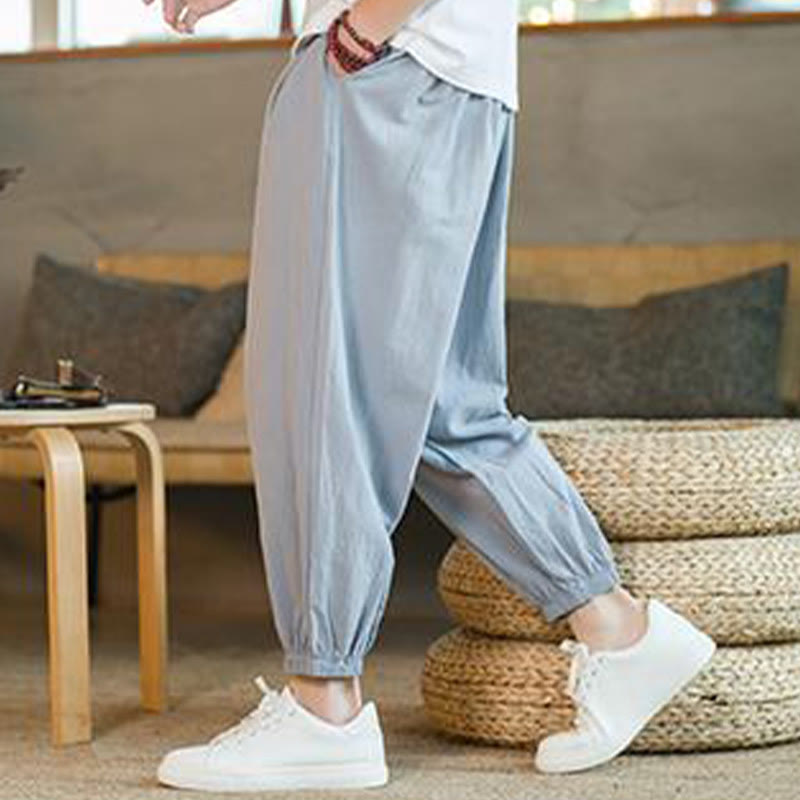 Buddha Stones Plain Color Red Drawstring Linen Men's  Pants With Pockets - image 27