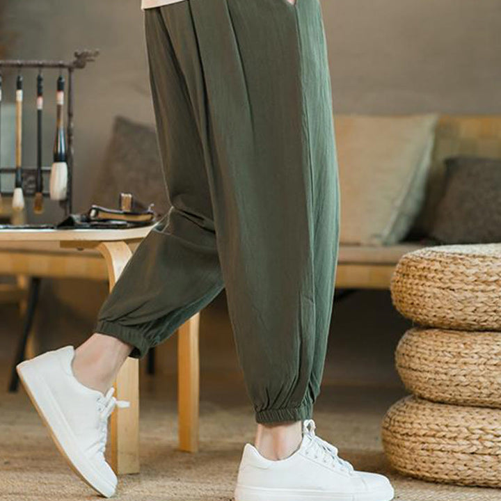 Buddha Stones Plain Color Red Drawstring Linen Men's  Pants With Pockets - image 10