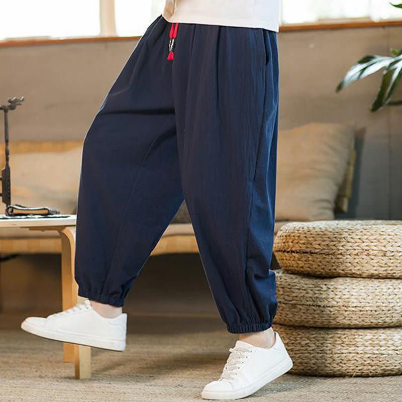 Buddha Stones Plain Color Red Drawstring Linen Men's  Pants With Pockets - image 35