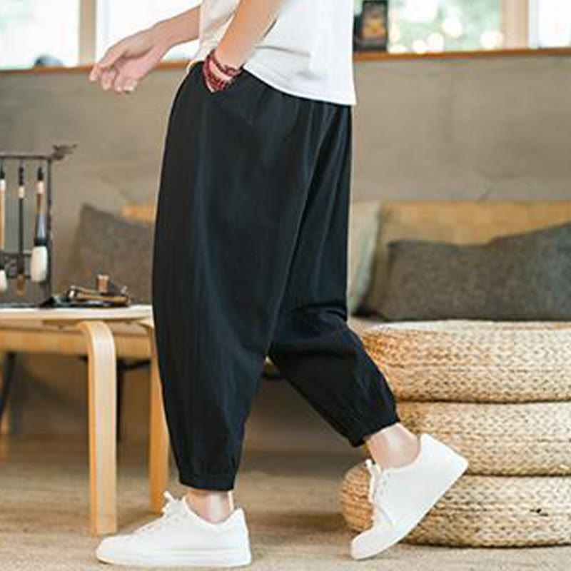 Buddha Stones Plain Color Red Drawstring Linen Men's  Pants With Pockets - image 17