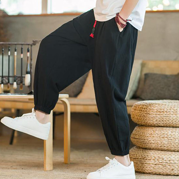 Buddha Stones Plain Color Red Drawstring Linen Men's  Pants With Pockets - image 15