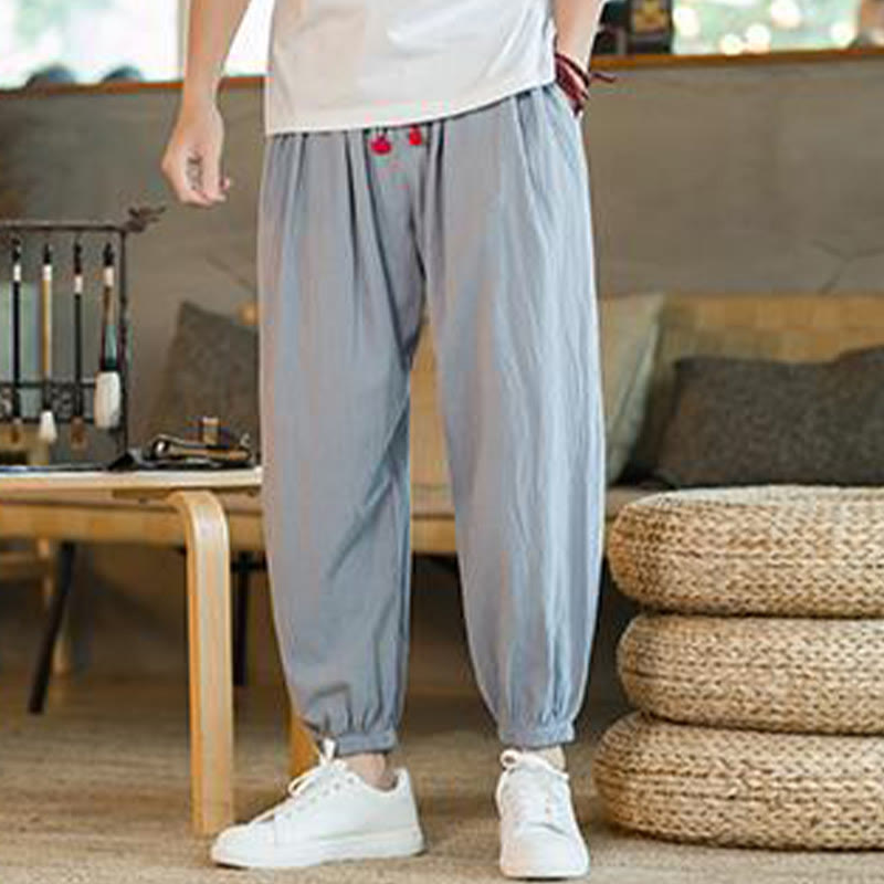 Buddha Stones Plain Color Red Drawstring Linen Men's  Pants With Pockets - LightSkyBlue - US/UK/AU46，EU56 (5XL)  - image 23