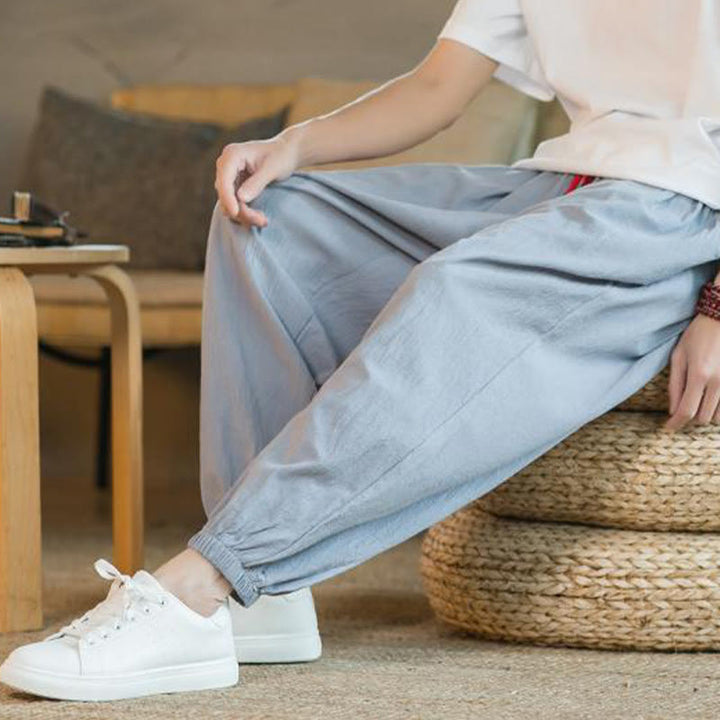 Buddha Stones Plain Color Red Drawstring Linen Men's  Pants With Pockets