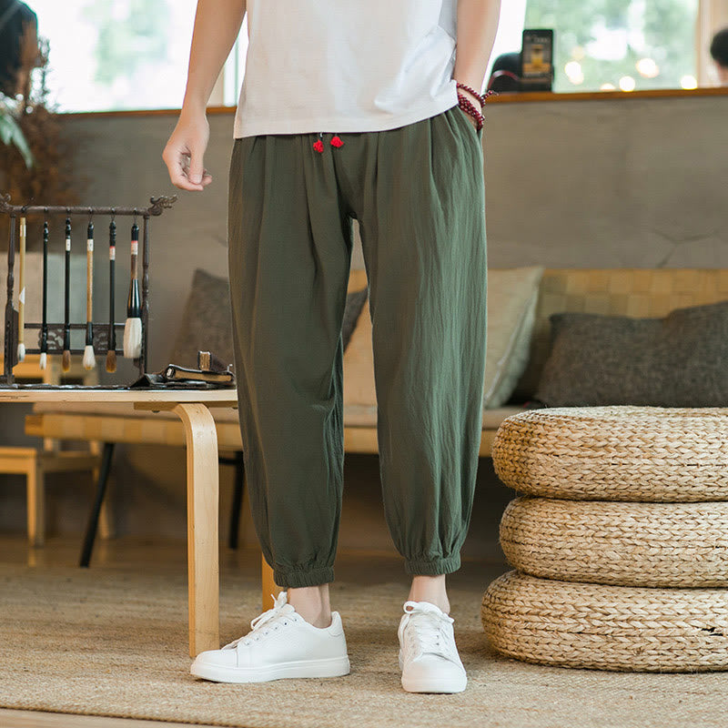 Buddha Stones Plain Color Red Drawstring Linen Men's  Pants With Pockets