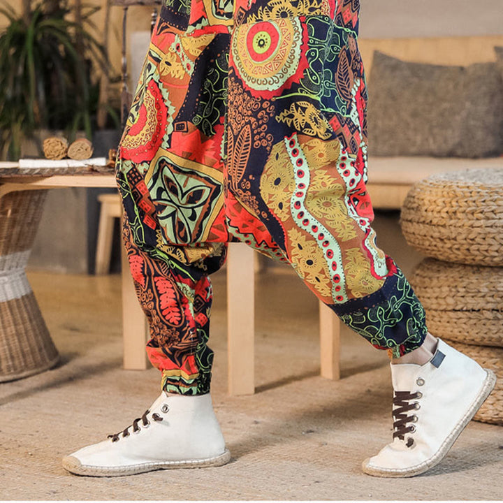 Buddha Stones Red Gold Casual Leaves Print Cotton Men's Harem Pants With Pockets - image 4