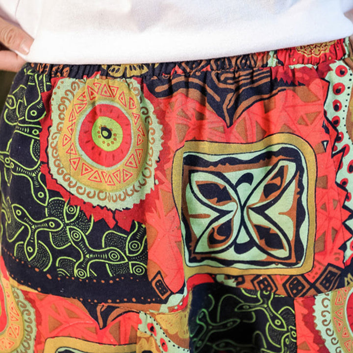 Buddha Stones Red Gold Casual Leaves Print Cotton Men's Harem Pants With Pockets - image 7